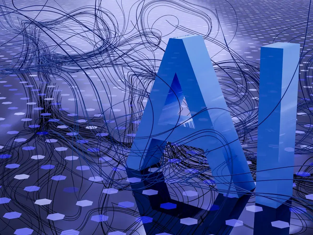 Abstract 3D illustration of the letters AI on a network background