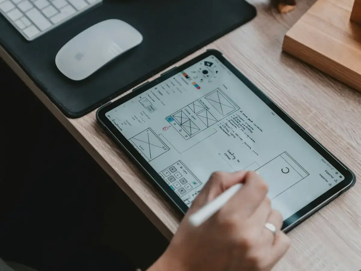 Tablet showing app wireframes being drawn with a stylus